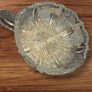 Antique EAPG Thistle Pattern Glass Handled Nappy Bowl Hobstar C1900